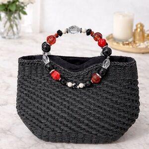 Capelli of New York Black Woven Clutch with Red Beaded Handle